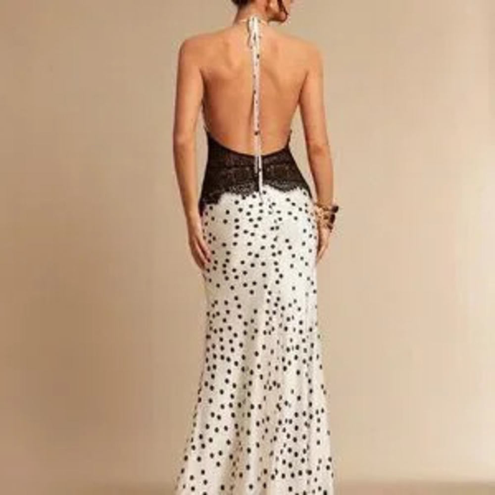 White Sexy Women's Deep V-Neck Polka Dot Lace Halter Maxi Dress